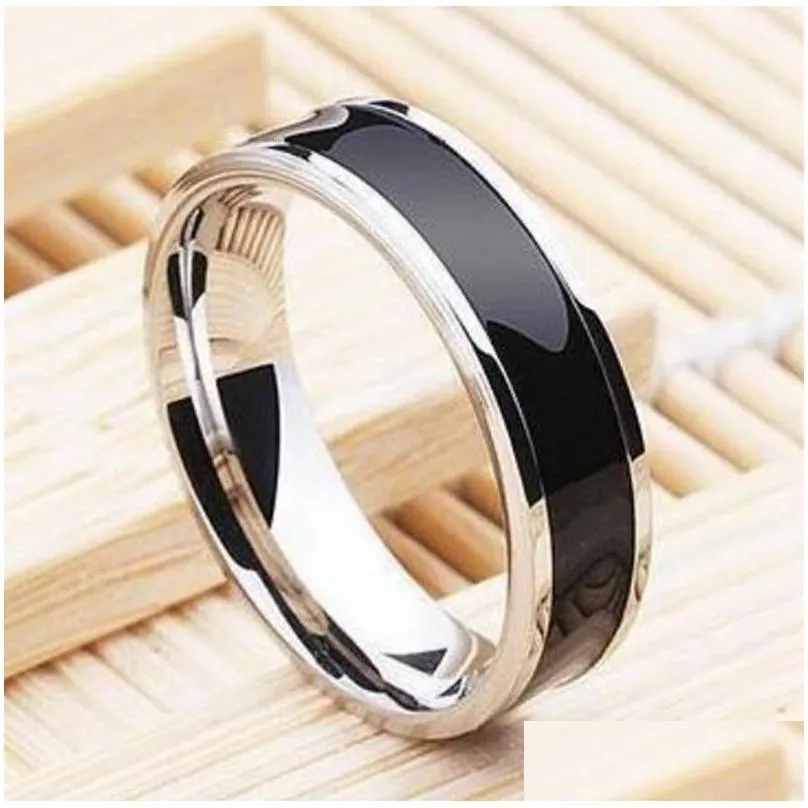 30pcs width 6mm black enamel comfort-fit men women stainless steel rings man classic finger rings party rings wholesale hot jewelry