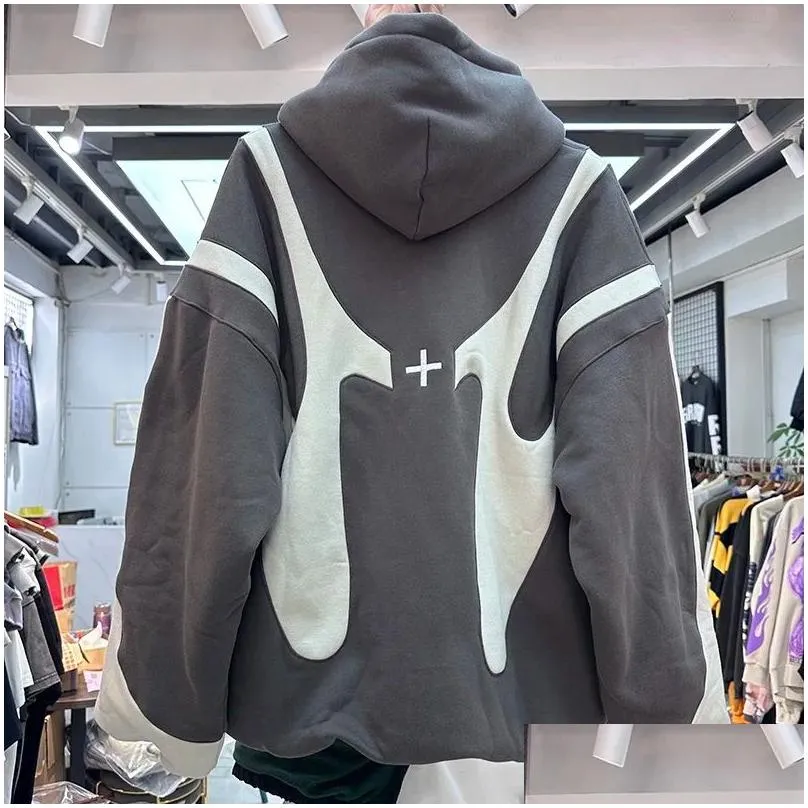 Patchwork Embroidered Loose Hoodie Men Women Black Grey