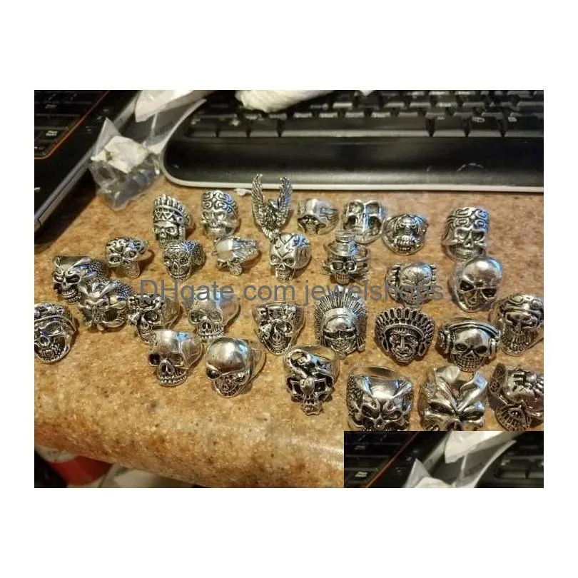 wholesale 30pcs/lot vintage sports men`s gothic skull rings metal rock jewelry mixed styles 18-22mm(color:silver)