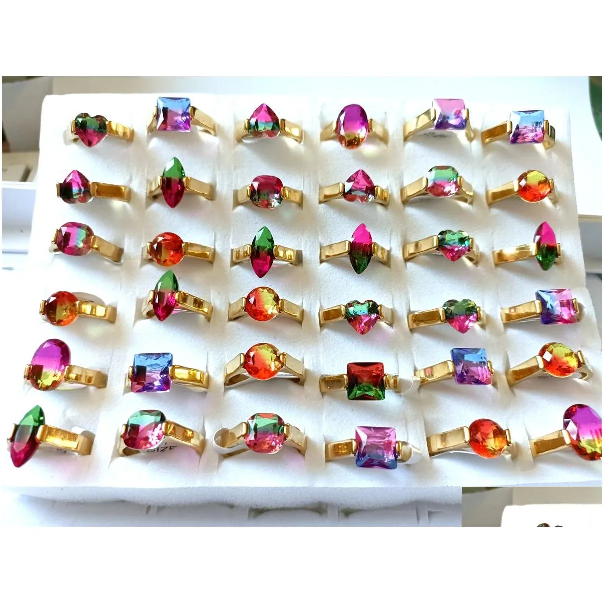 25pcs luxury zircon wide stainless steel ring men women crystal stone princess cut wedding engagement trendy rings wholesale hot