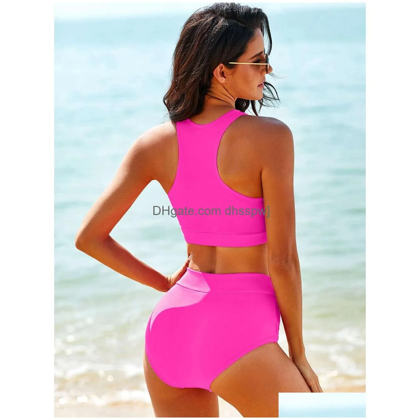 2024 solid color printed split high waist tank top sports conservative swimwear