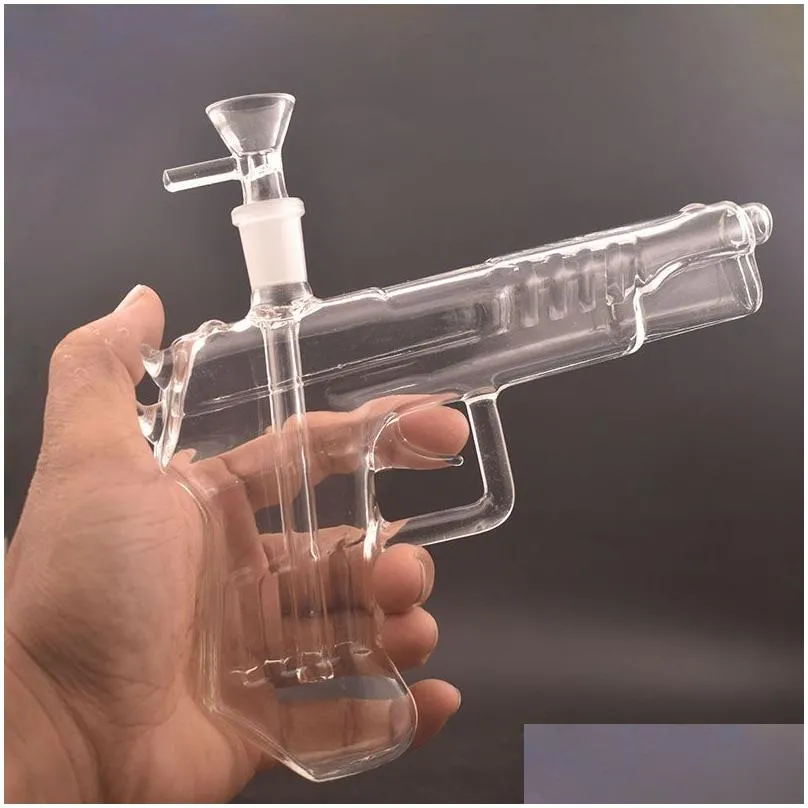 Unique Gun Shape Glass Beaker Bong 8inch 14mm Female Heady Bong Dab Rig Bubbler Water Pipe Hookah for Smoke Dry Herb Wax Vap with Male Glass Oil Burner