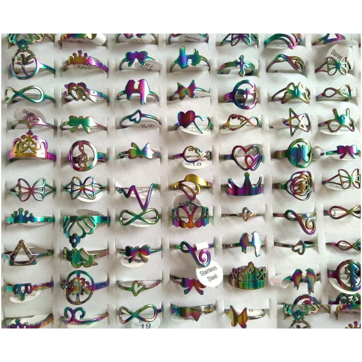 wholesale 50pcs rainbow cut mix stainless steel rings women girls jewelry gift acier bague edelstahlringe