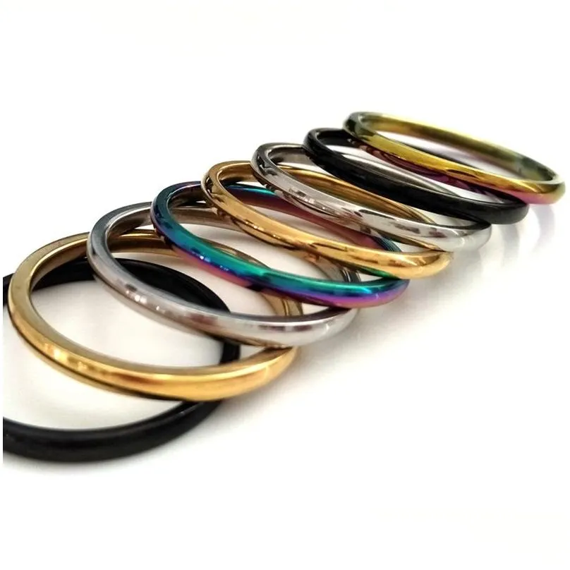 50pcs width 2mm gold/silver/black/rainbow mix stainless steel band ring comfort-fit wedding engagement classic ring unisex jewelry