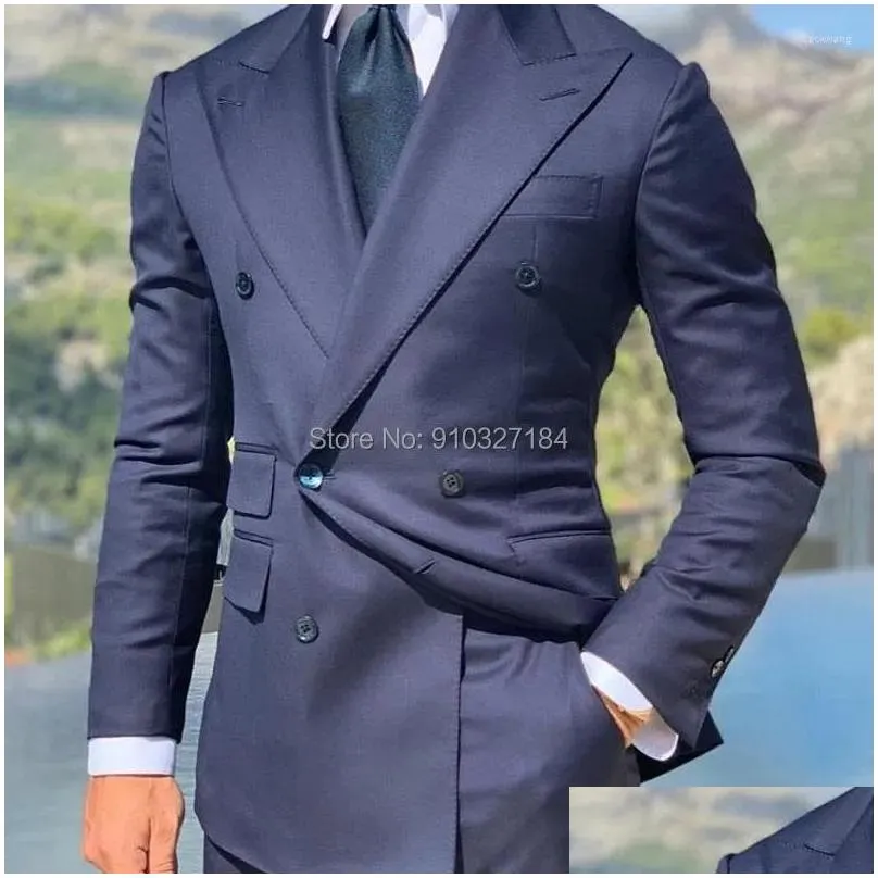 Men`s Suits Navy Blue Formal Men Business Slim Fit Custom Groom Tuxedo For Wedding Party 2 Piece Male Fashion Costume 2023