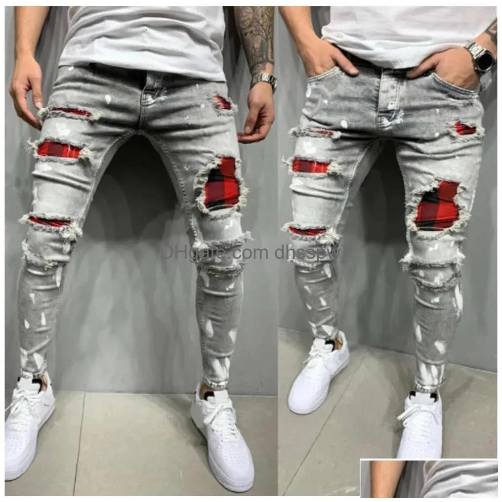 2024 spring festival does not close. mens distressed printed withes and elastic small leg jeans