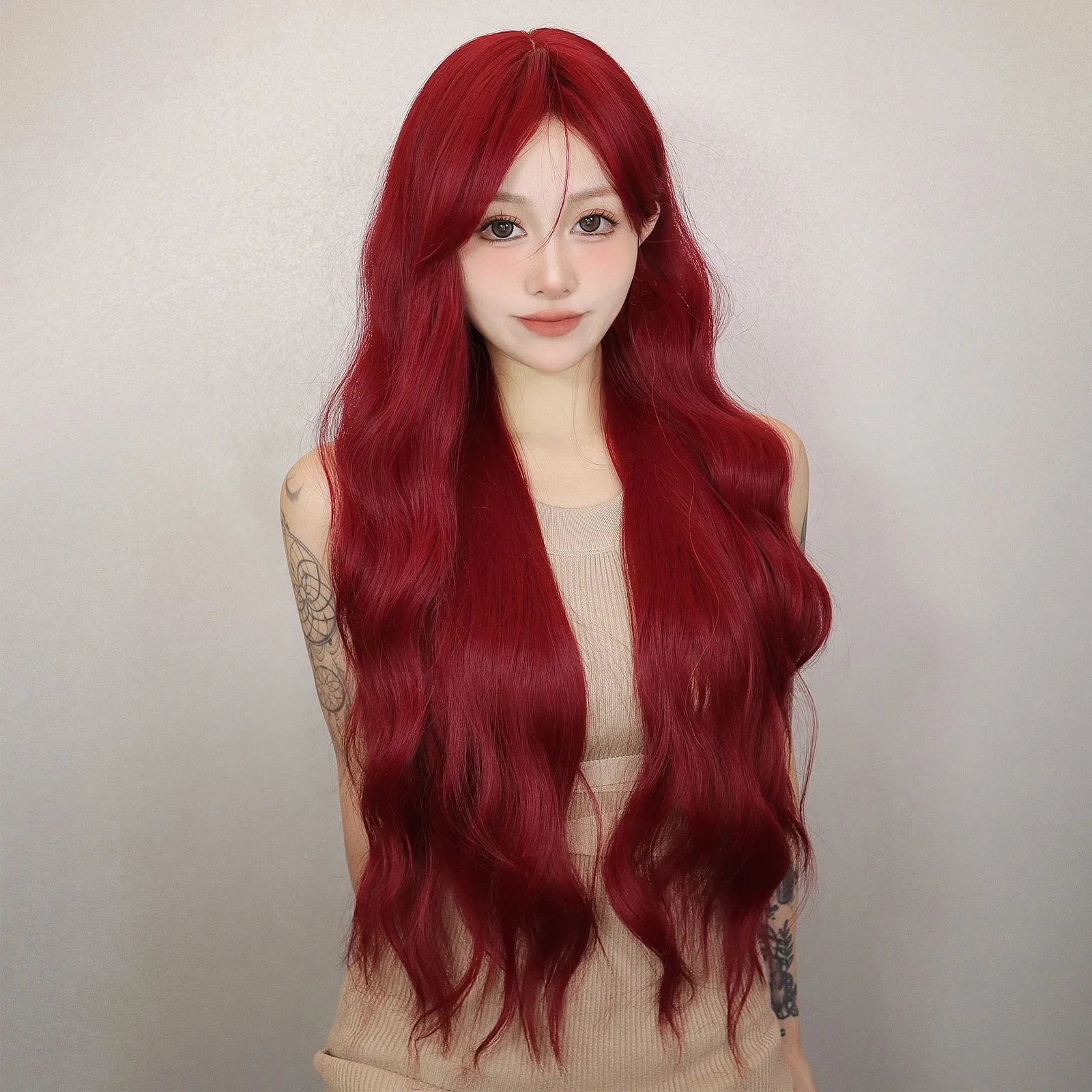 Wigs Long Body Wave Wig with Bangs Burgundy Wine Red Colorful Party Wig for Women Natural Daily Cosplay Synthetic Hair Heat Resistant