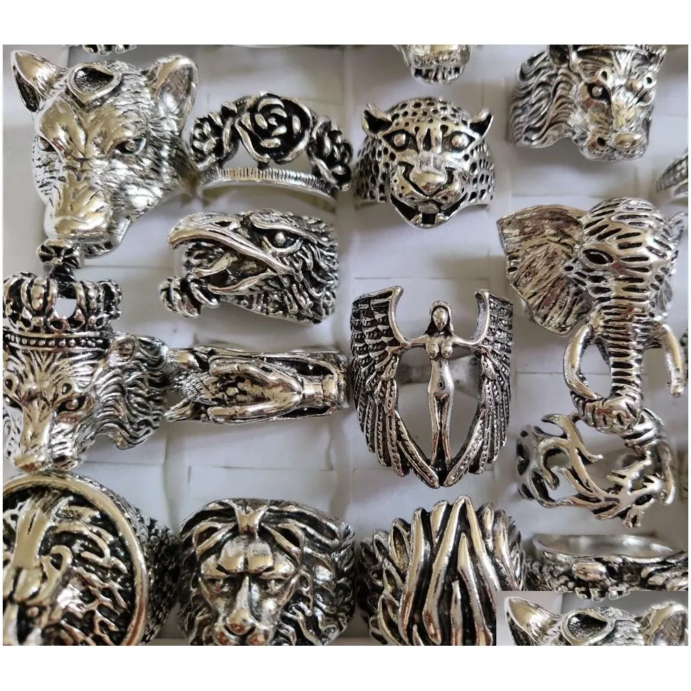 30pcs wholesale top mix exaggerated ferocious animals rocker biker man rings dragon snake elephant owl...etc big men ring party gift