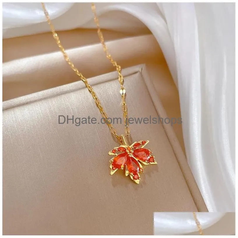 red maple leave pendant necklaces for women cute romantic female neck chain ladies stainless steel jewelry