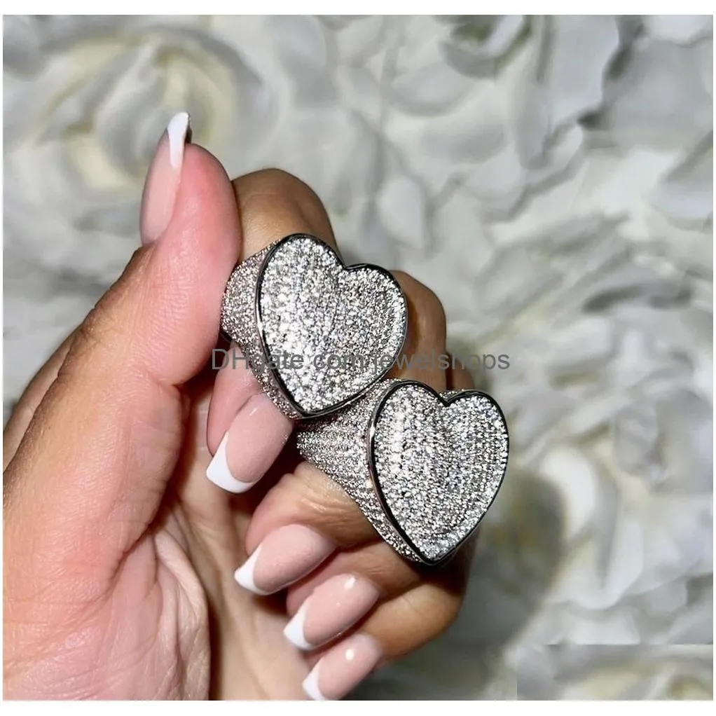 micro pave cz full finger ring for women big heart shaped valentine`s gift ice out bling cocktail rings