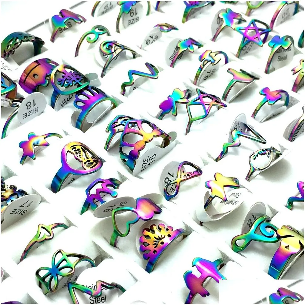 wholesale 50pcs rainbow cut mix stainless steel rings women girls jewelry gift acier bague edelstahlringe
