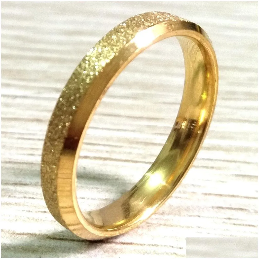 50pcs sand surface quality 4mm gold frosted bevel edges stainless steel ring comfortable fit men & women gift favor party jewelry