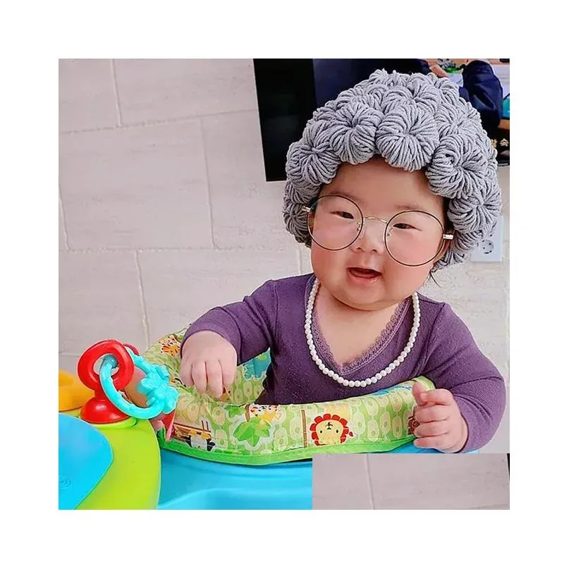 Keepsakes Topi Anak anak Perempuan Laki laki Lucu Wanita Tua Rambut Wig Beanie Benang Wol Rajutan Anak Bayi Fotografi Props  5T