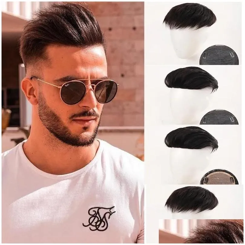 Wigs Synthetic Wigs DIFEI Synthetic Hair Topper Natural Black Replacement Wig With 3 Clips Clipped On The Man`s Head Closed Hairpiece