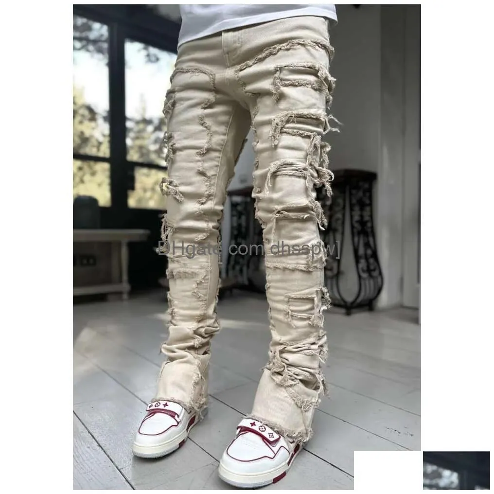  mens street fashion ins elastic denim straight leg pants