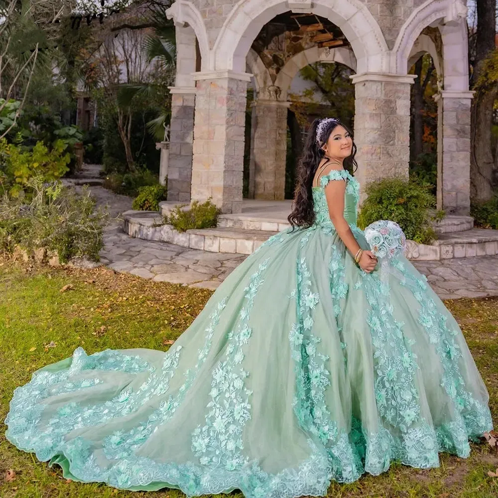 Mint Green 3D Flowers Off The Shoulder Quinceanera Dress Ball Gown Appliques Lace Princess Sweet 15 16 Formal Birthday Party Wears