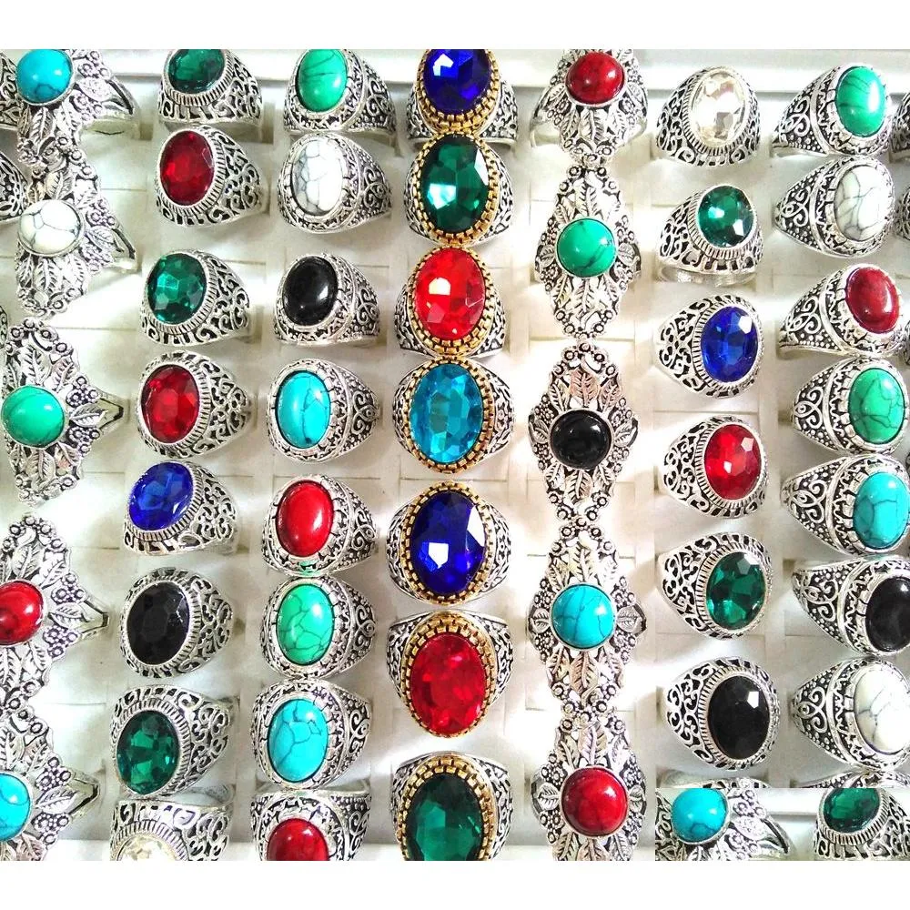 wholesale 50pcs top mixed noble big stone rings turquoises & clear crystal women`s men`s exquisite elegant finger ring beautiful jewelry