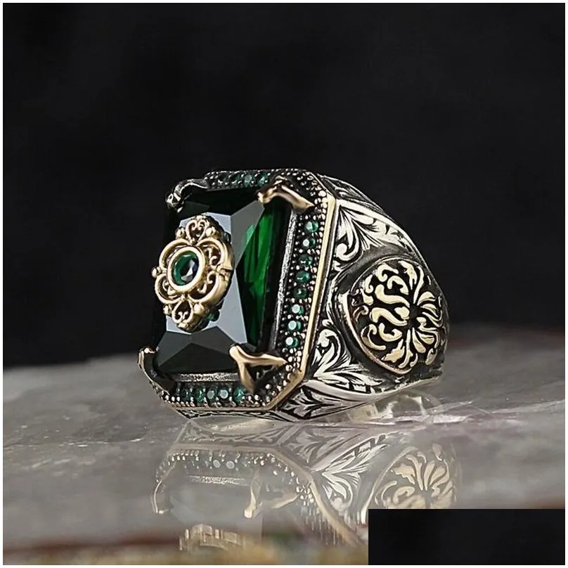 vintage turkish signet ring for men women antique silver color carved  ring inlaid green zircon locomotive punk jewlry