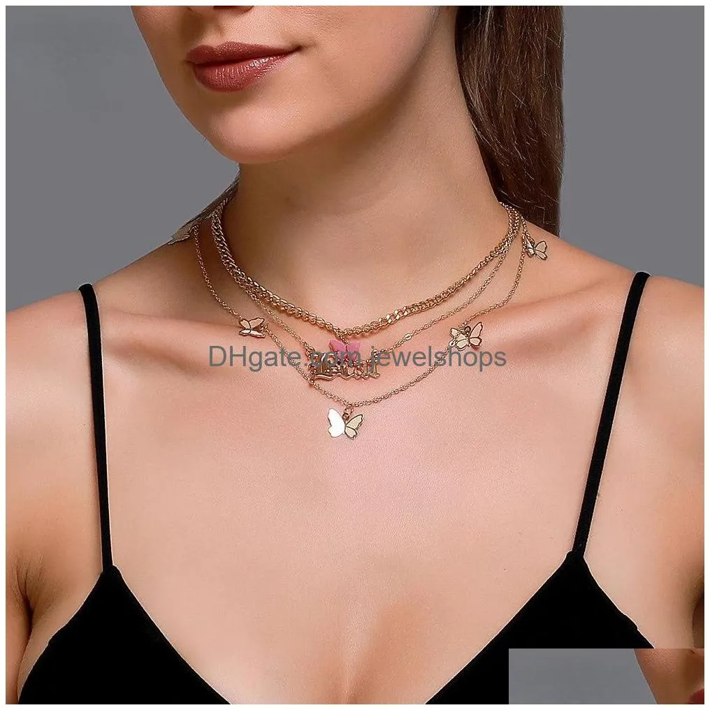 multi-layer necklaces for women butterfly letter angel pendant thick chain thin chain necklace