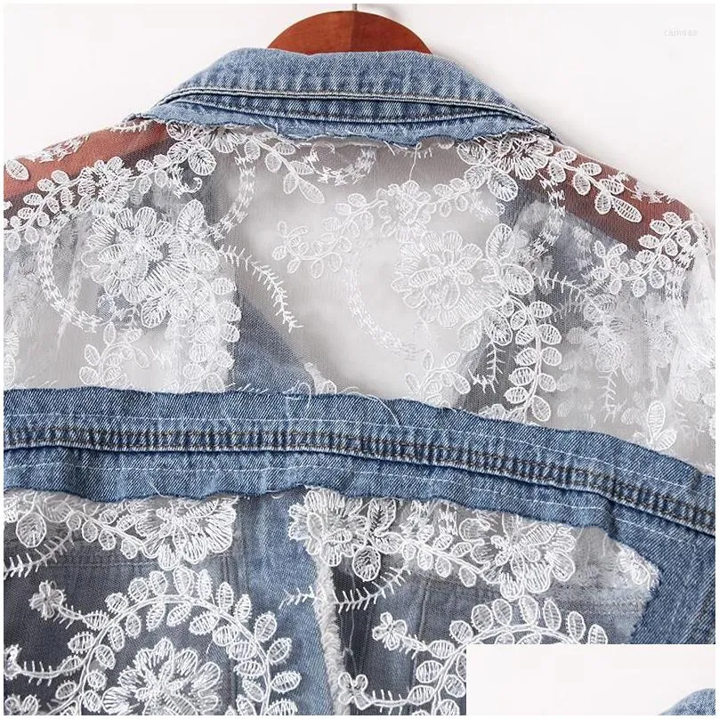 Women`s Jackets Floral Embroidered Cutout Lace Panel Denim Women`s Summer Jeans Sun Protection Clothing Splice Jean Tops