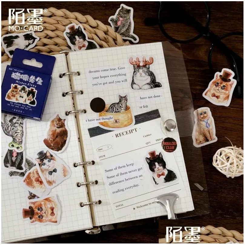 Adhesive Stickers Mo.Card Vintage Retro Mr Cat Mini Paper Diary Sticker Scrapbooking Material Decoration Label Wholesale Drop Delive Otamw