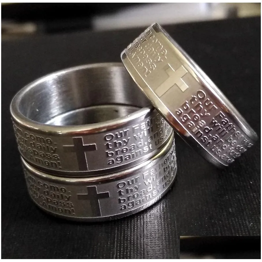 25pcs etched silver mens english lord`s prayer stainless steel cross rings religious rings men`s gift wholesale jewelry lots free