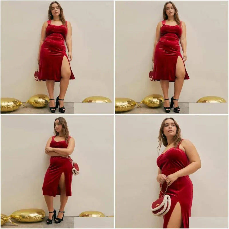 Plus Size Dresses Sexy Women Dress 2023 Fall Split Temperament Pure Color Velvet Halter Fashion Elegant Lady Party Evening