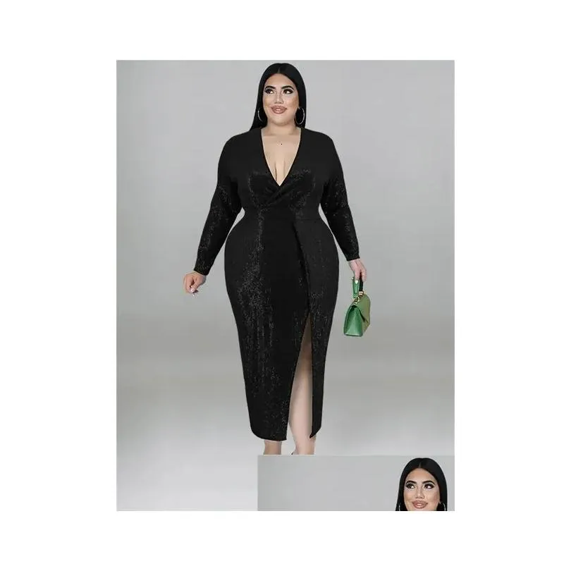 Plus size Dresses Wmstar Size Women Clothing Sequins Party Fall V Neck Bodycon Elegant Sexy Evening Midi Dress Wholesale Drop 231127