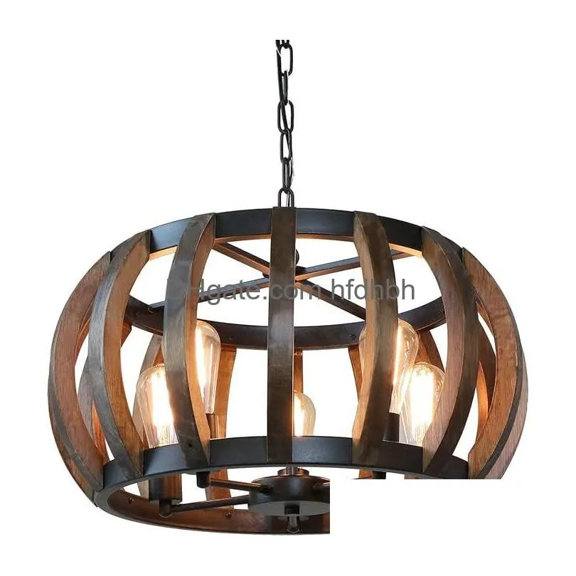 anmytek pumpkin round pendant light vintage rustic wood frame lamp adjustable chain chandelier e26 base bulb hanging lighting