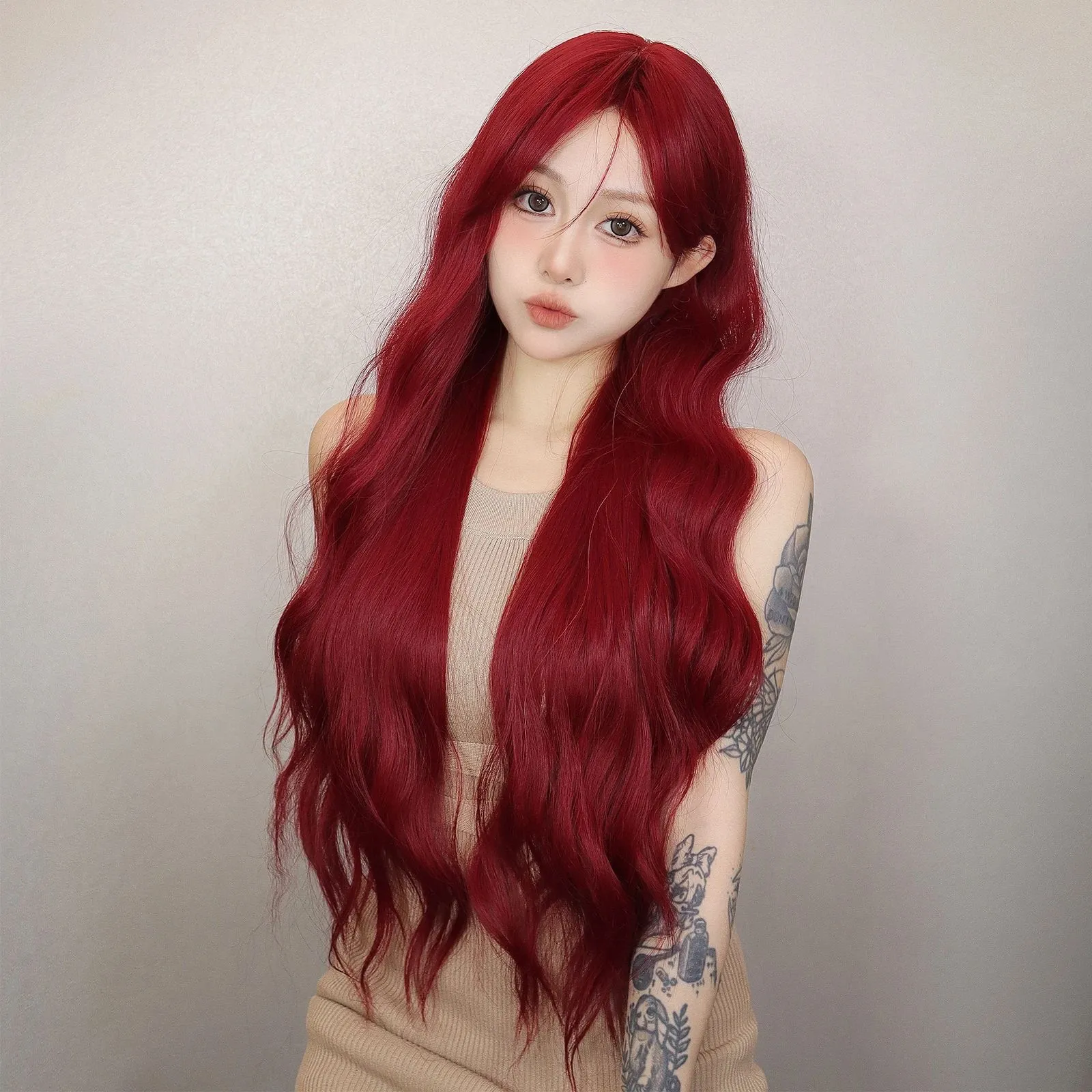 Wigs Long Body Wave Wig with Bangs Burgundy Wine Red Colorful Party Wig for Women Natural Daily Cosplay Synthetic Hair Heat Resistant