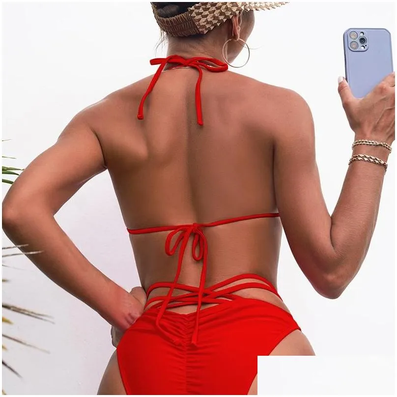 Women`S Swimwear Womens Y Halter Strappy Scrunch Bumonokini One Piece Swimsuit Women Female High Cut Bather Bathing Suit Swim Ladywom Dhyr3