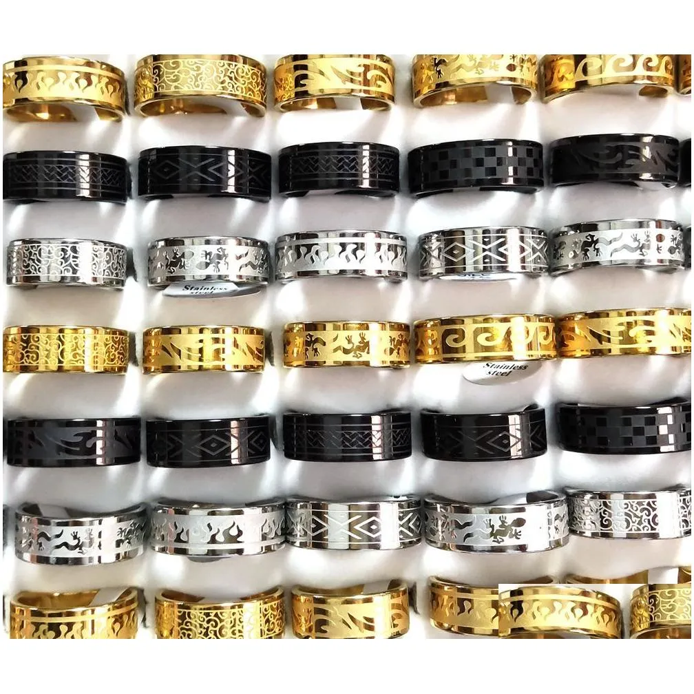 30pcs/lot wholesale 8mm stainless steel ring etched pattern trendy multi-styles mix men women fashion rings