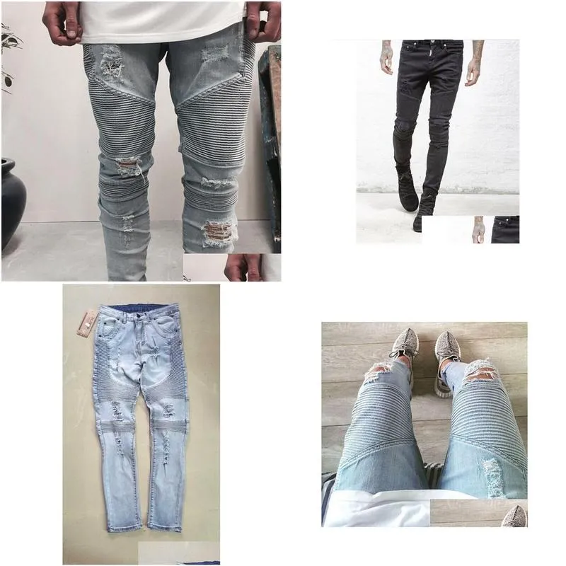 Men`s jeans blue/black destroyed mens slim denim straight biker skinny pants men ripped jeans 28-38