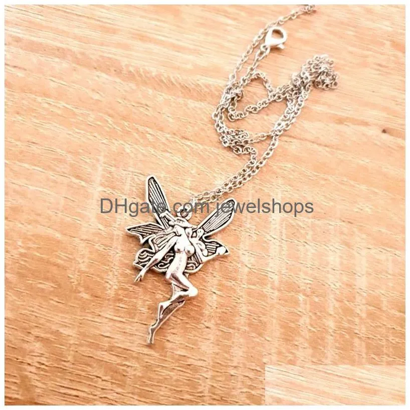 angel fairy pendant necklace vintage fashion statement women cross chain choker jewelry punk goth gothic wicca accessories