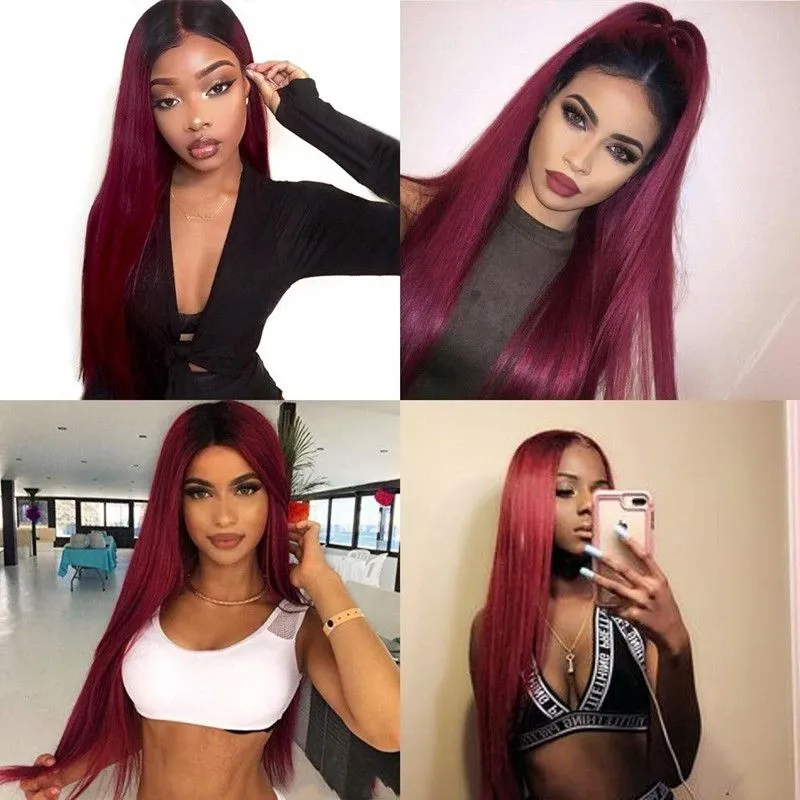 Wigs 24inches Ombre Burgundy Synthetic Lace Front Wig Heat Resistant Fiber Full Hair Glueless Hand Tied Brazilian Lace Frontal Wigs