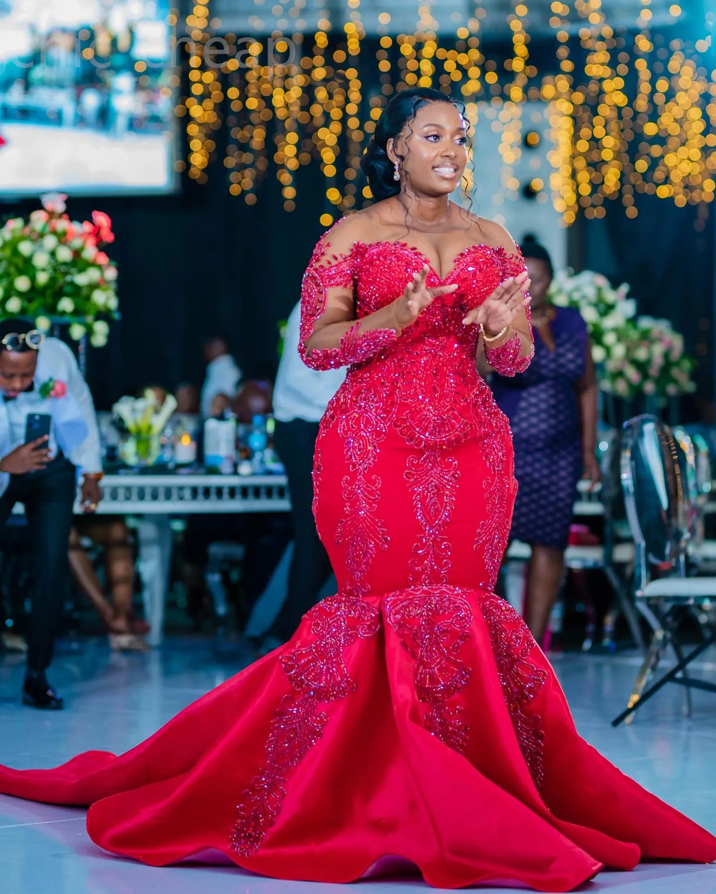 2024 Aso Ebi Red Luxurious Mermaid Prom Dress Beaded Crystals Lace Evening Formal Party Second Reception 50th Birthday Engagement Gowns Dresses Robe De Soiree ZJ37