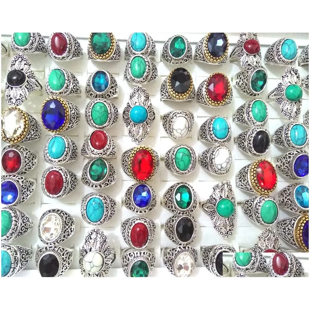 wholesale 50pcs top mixed noble big stone rings turquoises & clear crystal women`s men`s exquisite elegant finger ring beautiful jewelry