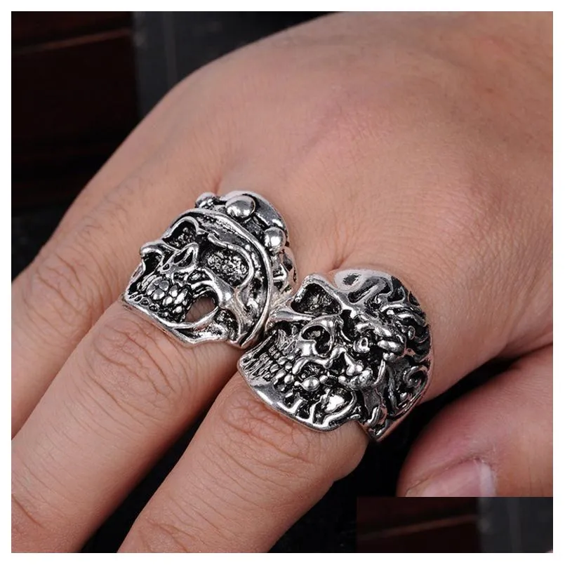 retro gothic big skull ring carved punk style bulk anti-silver lady/men`s religion statement jewelry