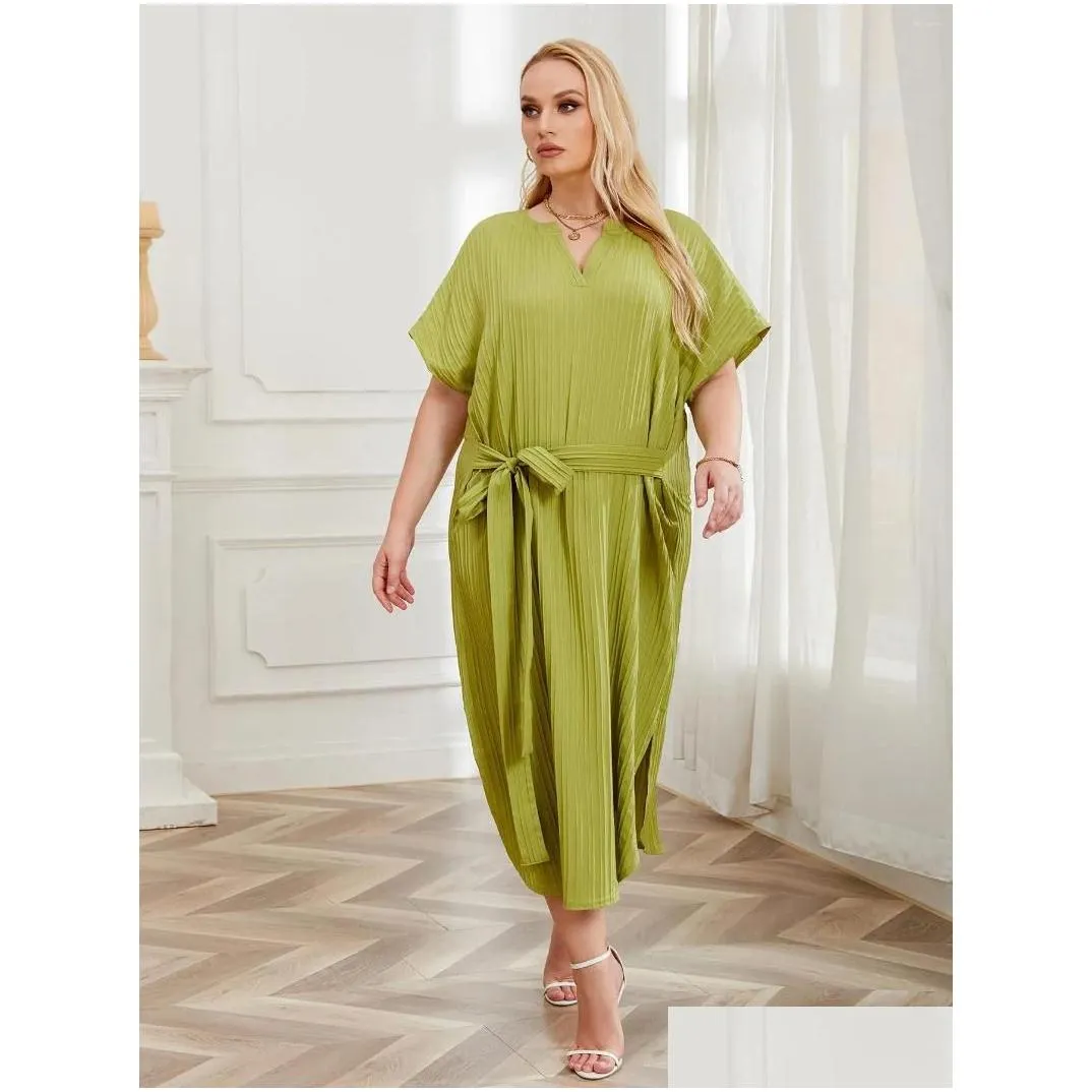 Plus Size Dresses V Cut Out Neck Women Waist Belt Short Sleeves Solid Long Robe Flowy Oversized Side Split Female Outfit