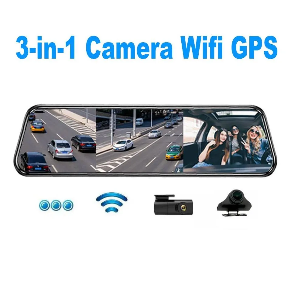 10 inch Rearview Mirror Camera for Car DVR 3 in 1 Cam WiFi GPS Driving Video Recorder Front And Rear View Black Box