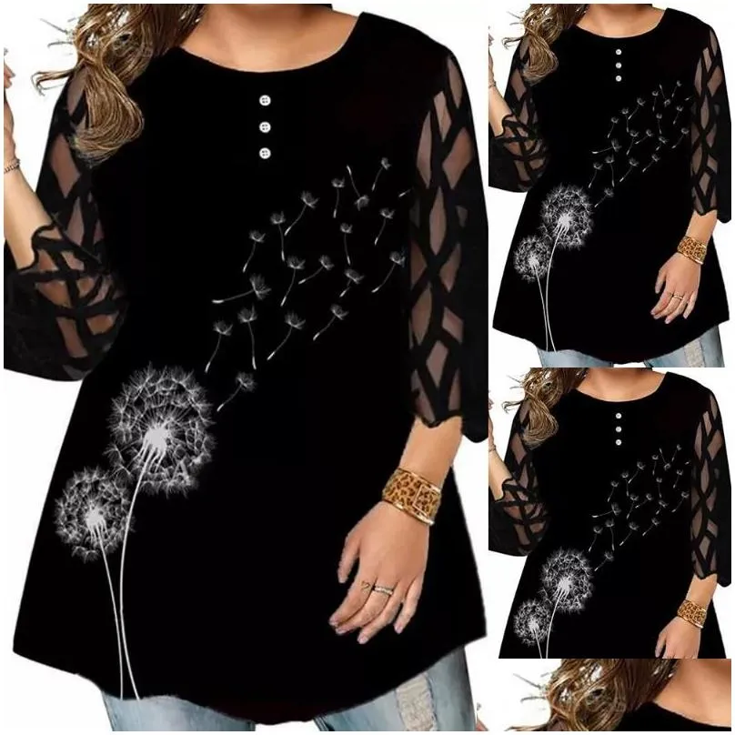 Women`s Plus Size T-Shirt Blouse Women 2022 Autumn Three Quarter Mesh Sleeve Printed Elegant Tunic Tops Loose Oversized Ladies Shirt