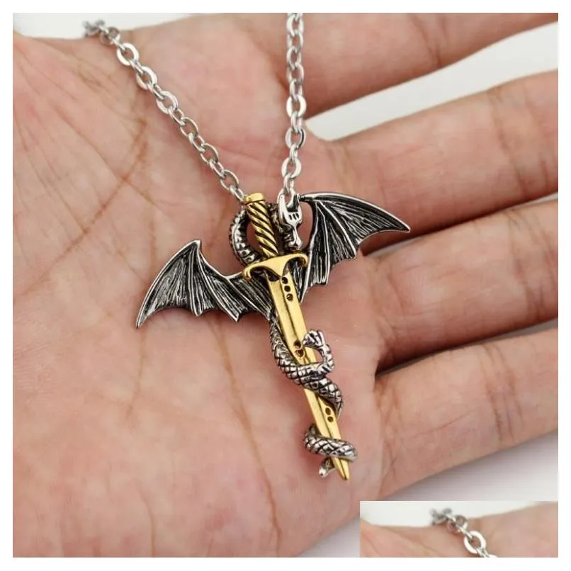 luminous vintage dragon sword pendant necklace titanium steel jewelry glow in the dark