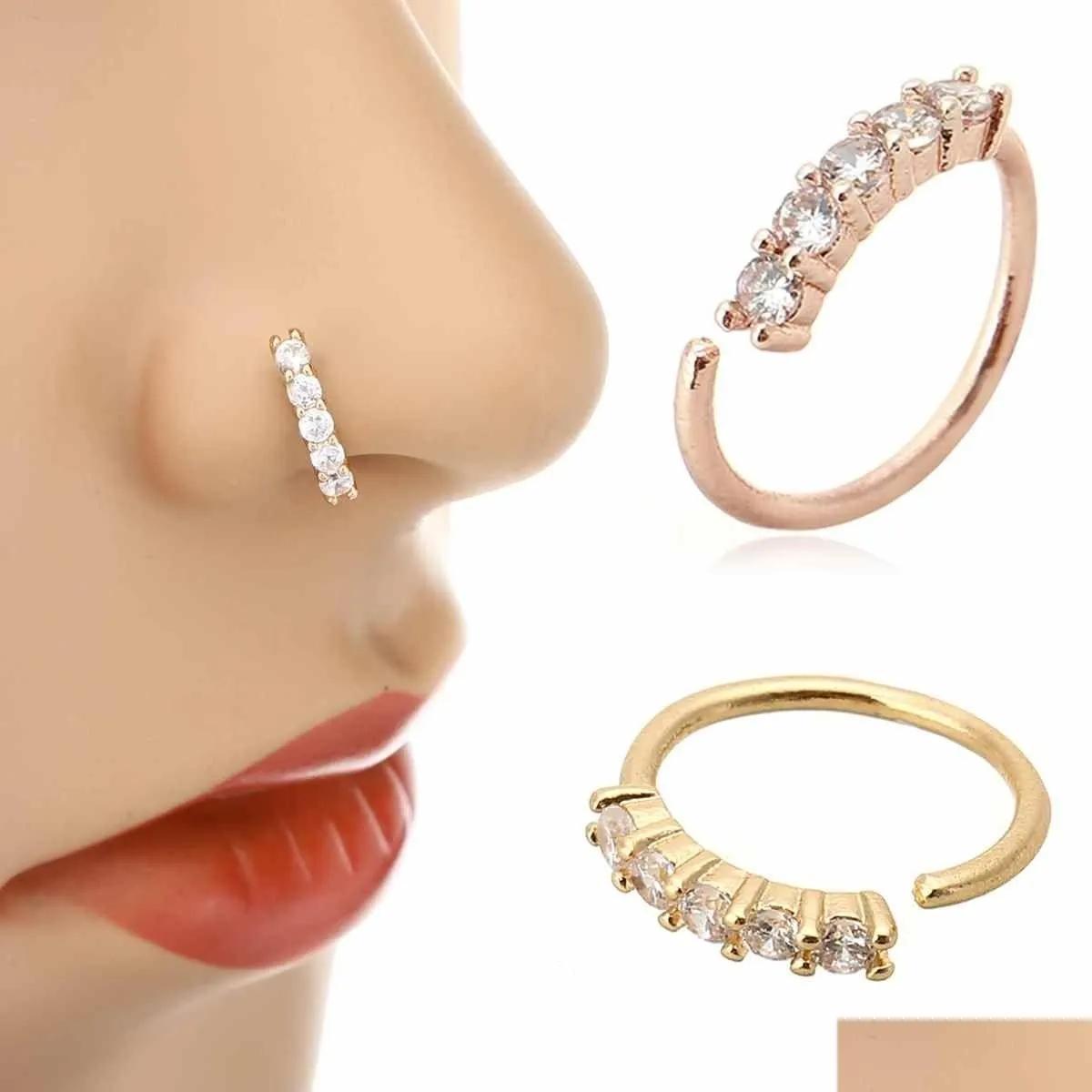 1pc 3 colors chic small thin 5 crystals rhinestone charming nose hoop ring for women girl earring fashion jewelry