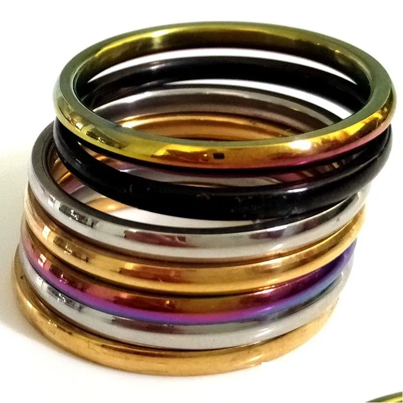 50pcs width 2mm gold/silver/black/rainbow mix stainless steel band ring comfort-fit wedding engagement classic ring unisex jewelry
