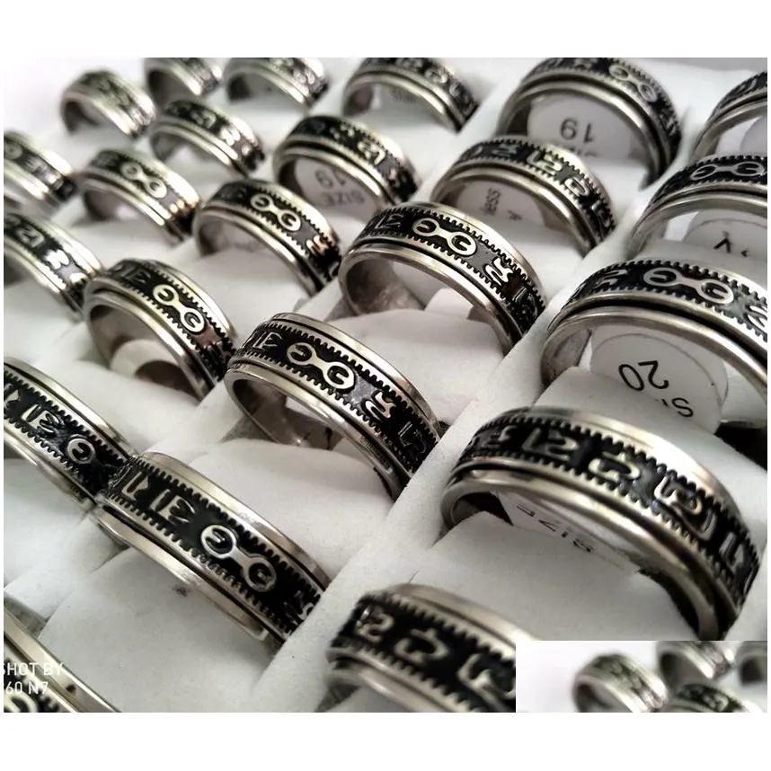 20pcs retro carved buddhist scriptures the six words mantra spin stainless steel spinner ring men women unique lucky jewelry hot brand