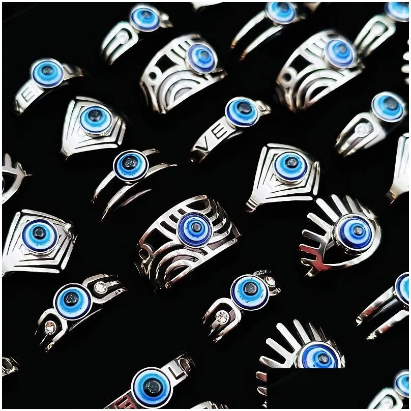 30pcs luxury stainless steel demon eye ring high quality women male party metal punk blue eye rings evil eye