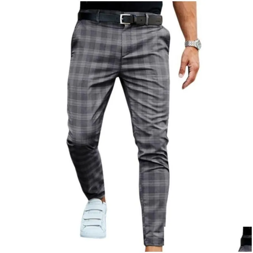 Men`S Pants Mens Shzq Check Slim Fit Soft Stretch Casual Long Trousers Work Office Business Male Summer Pant Streetwear Drop Delivery Dhp0T