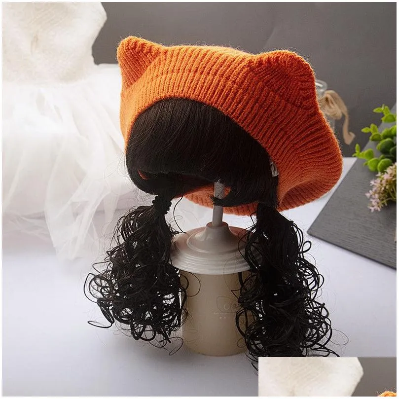 Keepsakes Topi Baret Rajut Anak Perempuan Wig Kepang Rambut Panjang Mode Musim Gugur Dingin dan Bayi Anak anak Luar Ruangan Gratis Ongkir