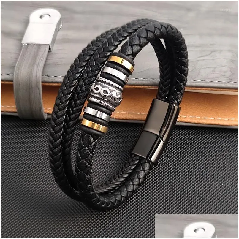 Charm Bracelets Vintage Mtilayer Genuine Leather Men Bracelet Golden Stone Bead Stainless Steel Jewelry Male Wrist Bangle Drop Delive Dhxwi