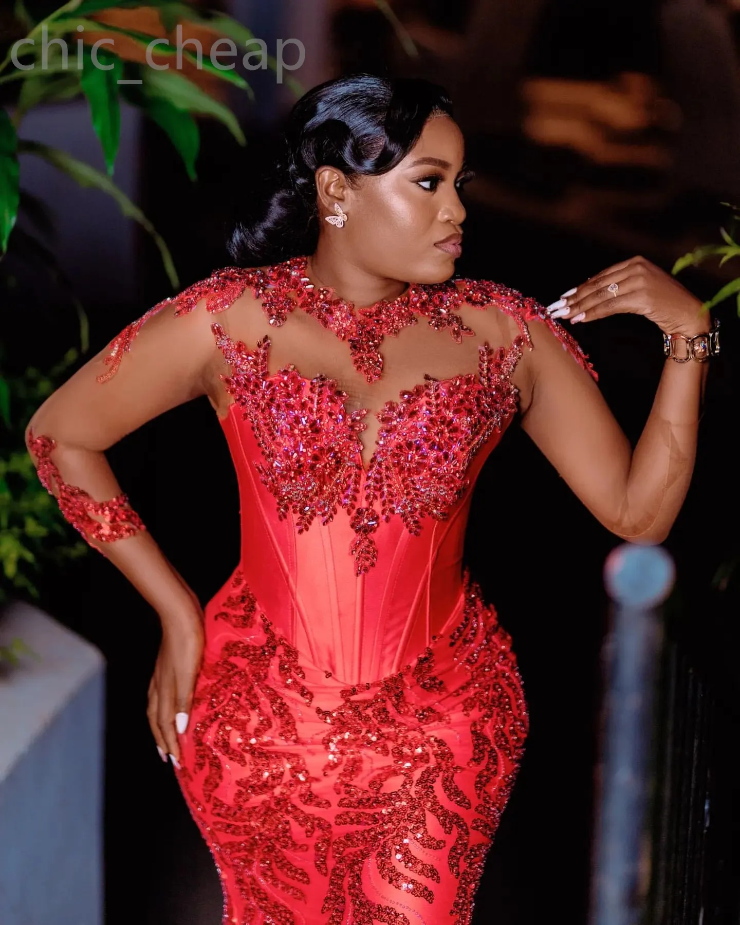 2024 Aso Ebi Red Mermaid Prom Dress Beaded Crystals Sequined Evening Formal Party Second Reception 50th Birthday Engagement Gowns Dresses Robe De Soiree ZJ42
